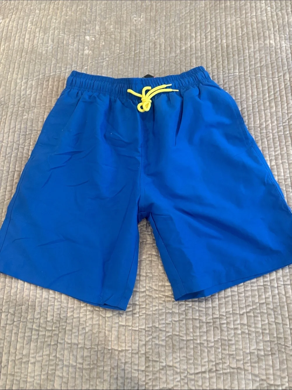 Men's Blue Swim Trunks with Yellow Drawstring